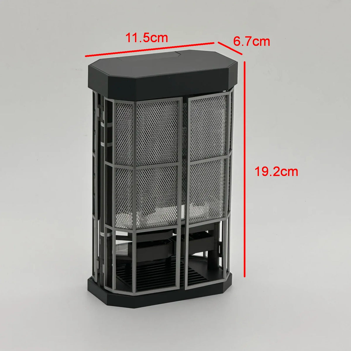 Black cylindrical object with dimensions labeled on a gray background 2GOODCO 1/12 Scale LED Light Armoury Gun Weapons Military Equipment Tactical Diorama Set