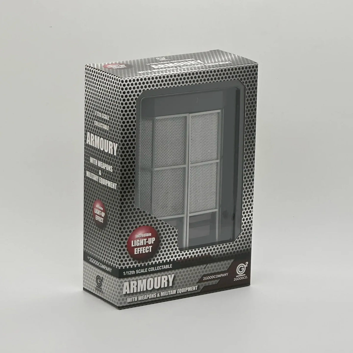Box packaging of Armoury collectible with clear window 2GOODCO 1/12 Scale LED Light Armoury Gun Weapons Military Equipment Tactical Diorama Set