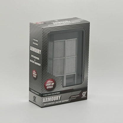 Box packaging of Armoury collectible with clear window 2GOODCO 1/12 Scale LED Light Armoury Gun Weapons Military Equipment Tactical Diorama Set