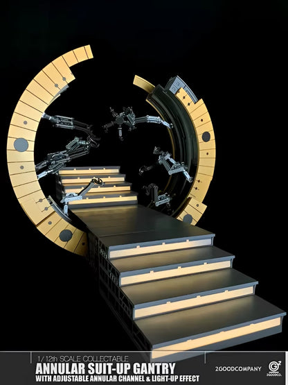 Annular suit-up gantry model with adjustable annular channel and light-up effect on a black background. 2GOODCO 1/12 Scale LED Light Interactive Annular Suit Gantry Circular Workshop Diorama Set