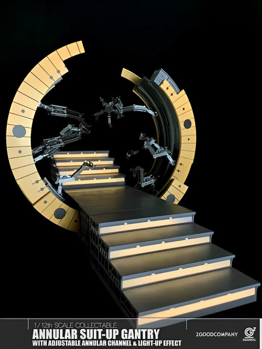 Annular suit-up gantry model with adjustable annular channel and light-up effect on a black background. 2GOODCO 1/12 Scale LED Light Interactive Annular Suit Gantry Circular Workshop Diorama Set