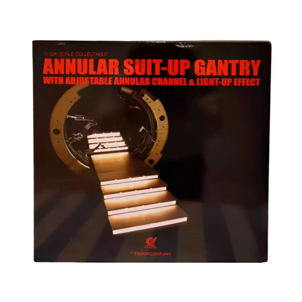 Box for an annular suit-up gantry with adjustable annular channel and light-up effect. 2GOODCO 1/12 Scale LED Light Interactive Annular Suit Gantry Circular Workshop Diorama Set