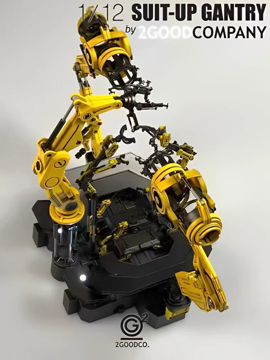 Yellow and black robot suit-up gantry by 2Good Company on a gray background 2GOODCO 1/12 Scale LED Light Interactive Suit-Up Gantry Mechanical Workshop Diorama Set