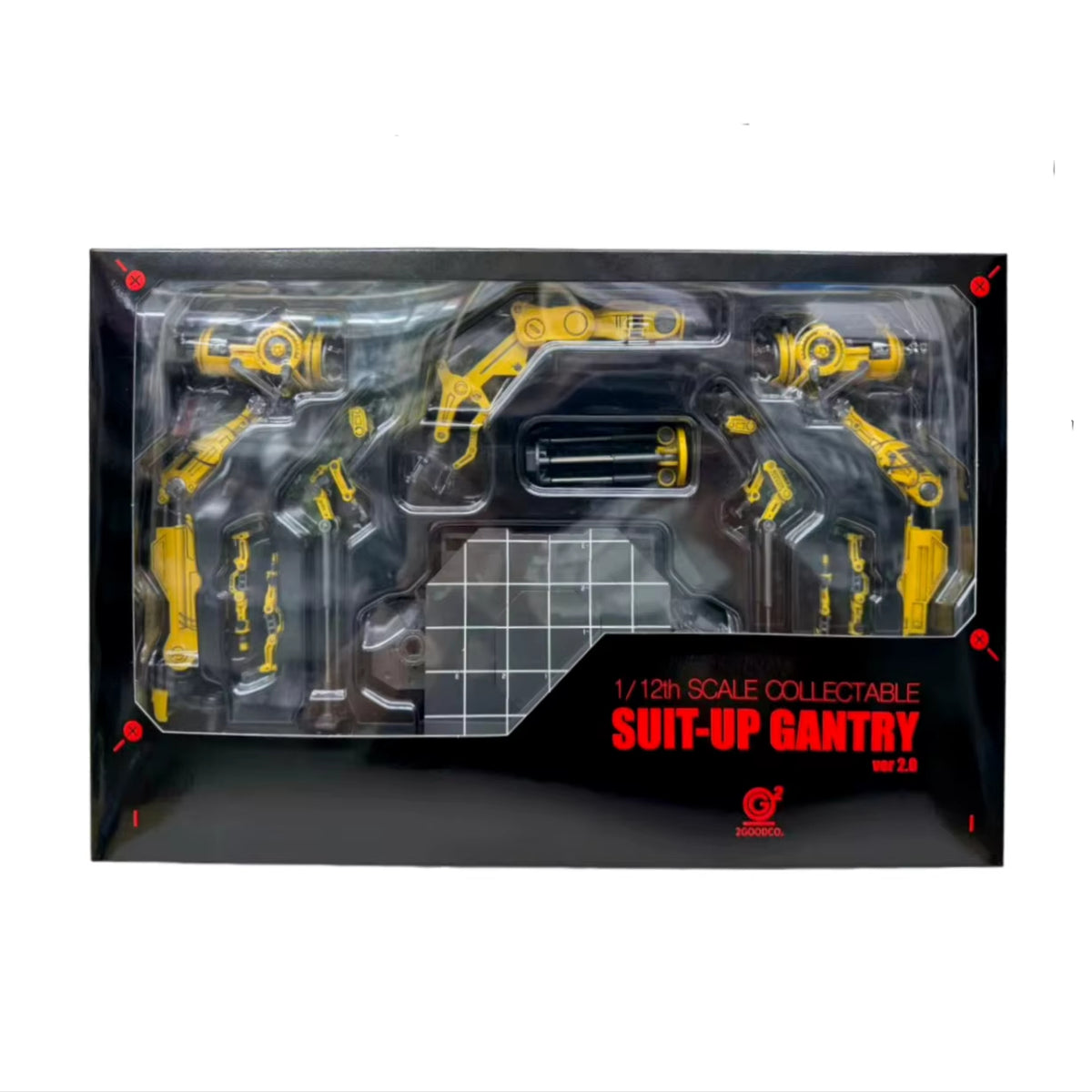 Packaged 'Suit-Up Gantry' collectible model with yellow and black design on a white background 2GOODCO 1/12 Scale LED Light Interactive Suit-Up Gantry Mechanical Workshop Diorama Set