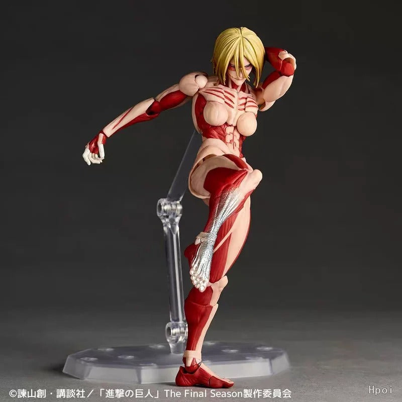 Action figure with red and beige outfit on a dark background Attack on Titan: Annie Leonhart - The Female Titan Amazing Yamaguchi No.043 Revoltech Action Figure by Kaiyodo