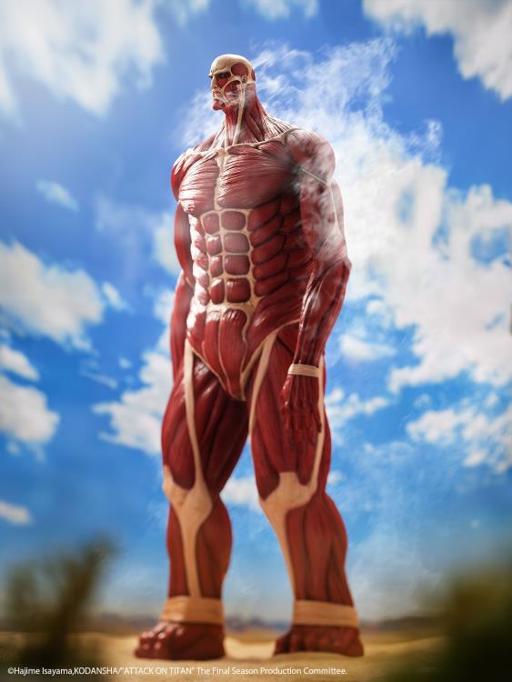 Muscular figure with visible筋肉 against a blue sky Attack on Titan: Bertholdt Hoover - The Colossal Titan Mega Sofvi Advance MS021 Premium Vinyl Figure by Kaiyodo