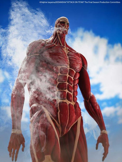 Anatomical model of a human body with visible muscles against a blue sky background. Attack on Titan: Bertholdt Hoover - The Colossal Titan Mega Sofvi Advance MS021 Premium Vinyl Figure by Kaiyodo