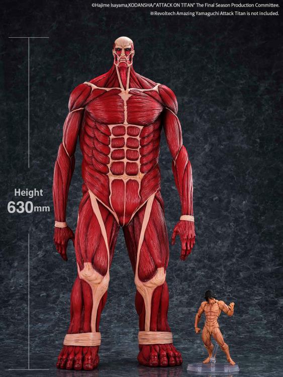 Model of a muscular figure with detailed musculature, standing next to a smaller figure for scale on a dark background. Attack on Titan: Bertholdt Hoover - The Colossal Titan Mega Sofvi Advance MS021 Premium Vinyl Figure by Kaiyodo