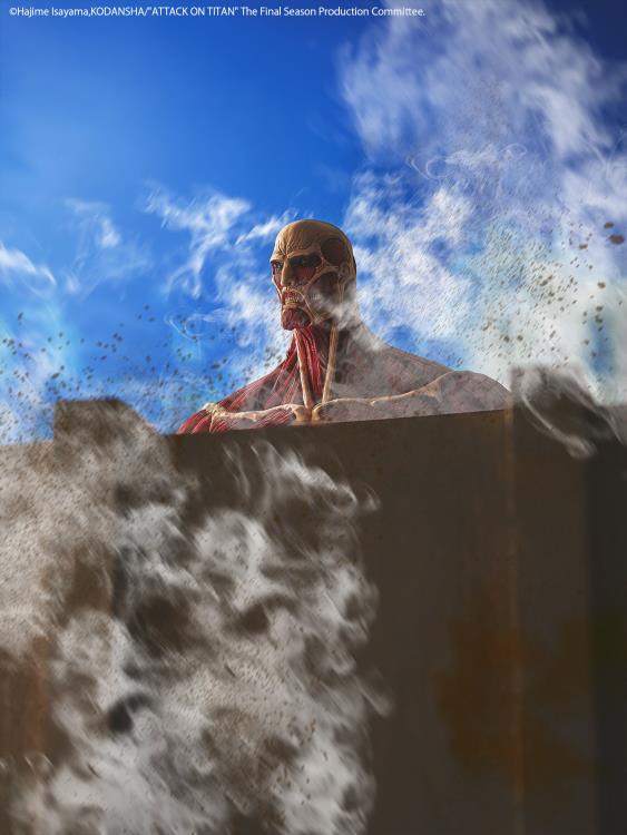 Character from 'Attack on Titan' in a dramatic pose with smoke and blue sky background Attack on Titan: Bertholdt Hoover - The Colossal Titan Mega Sofvi Advance MS021 Premium Vinyl Figure by Kaiyodo