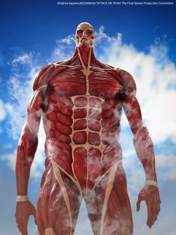 Muscular figure with detailed anatomy against a blue sky background Attack on Titan: Bertholdt Hoover - The Colossal Titan Mega Sofvi Advance MS021 Premium Vinyl Figure by Kaiyodo