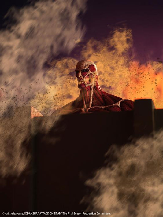 Character from 'Attack on Titan' sitting on a ledge with flames and smoke in the background Attack on Titan: Bertholdt Hoover - The Colossal Titan Mega Sofvi Advance MS021 Premium Vinyl Figure by Kaiyodo