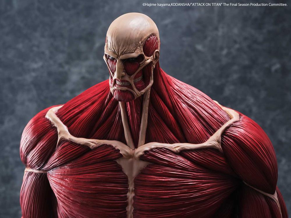 Muscular figure with detailed red muscles on a dark background Attack on Titan: Bertholdt Hoover - The Colossal Titan Mega Sofvi Advance MS021 Premium Vinyl Figure by Kaiyodo 