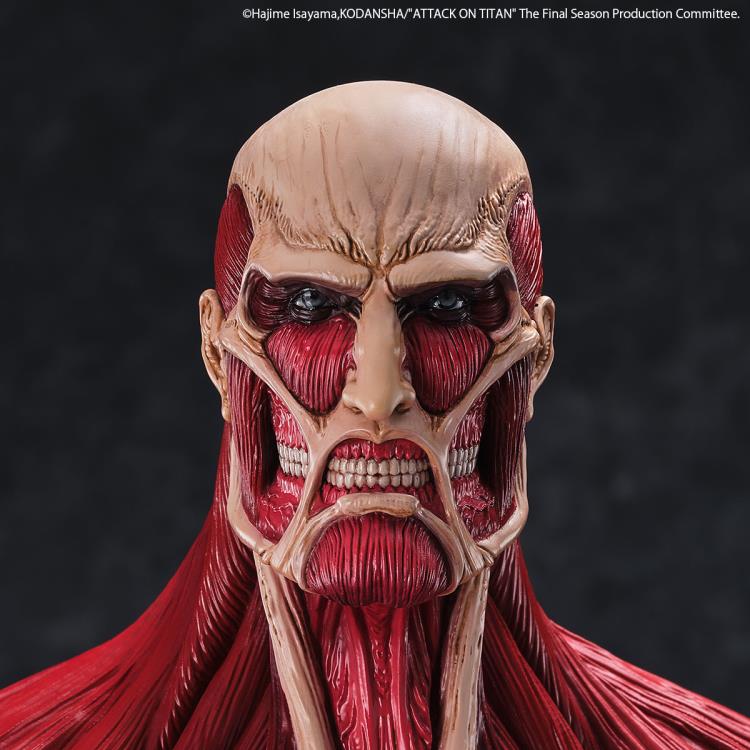Close-up of a detailed anatomical model of a character from 'Attack on Titan' with a dark background. Attack on Titan: Bertholdt Hoover - The Colossal Titan Mega Sofvi Advance MS021 Premium Vinyl Figure by Kaiyodo 