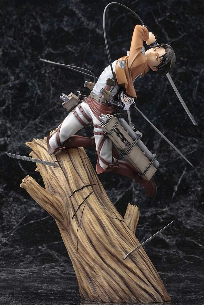 Figurine of a character on a log with swords around, against a dark textured background Attack on Titan: Captain Levi Ackerman (ArtFX J Renewal Package Ver.) 1/8 Scale Premium Statue by Kotobukiya