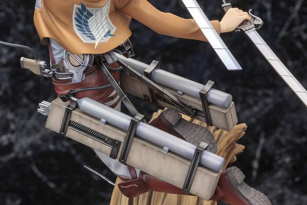 Statue of a character from 'Attack on Titan' with weapons and armor details. Attack on Titan: Captain Levi Ackerman (ArtFX J Renewal Package Ver.) 1/8 Scale Premium Statue by Kotobukiya
