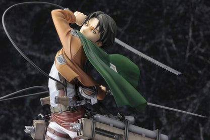 Action figure with a green cape and sword against a dark textured background Attack on Titan: Captain Levi Ackerman (ArtFX J Renewal Package Ver.) 1/8 Scale Premium Statue by Kotobukiya