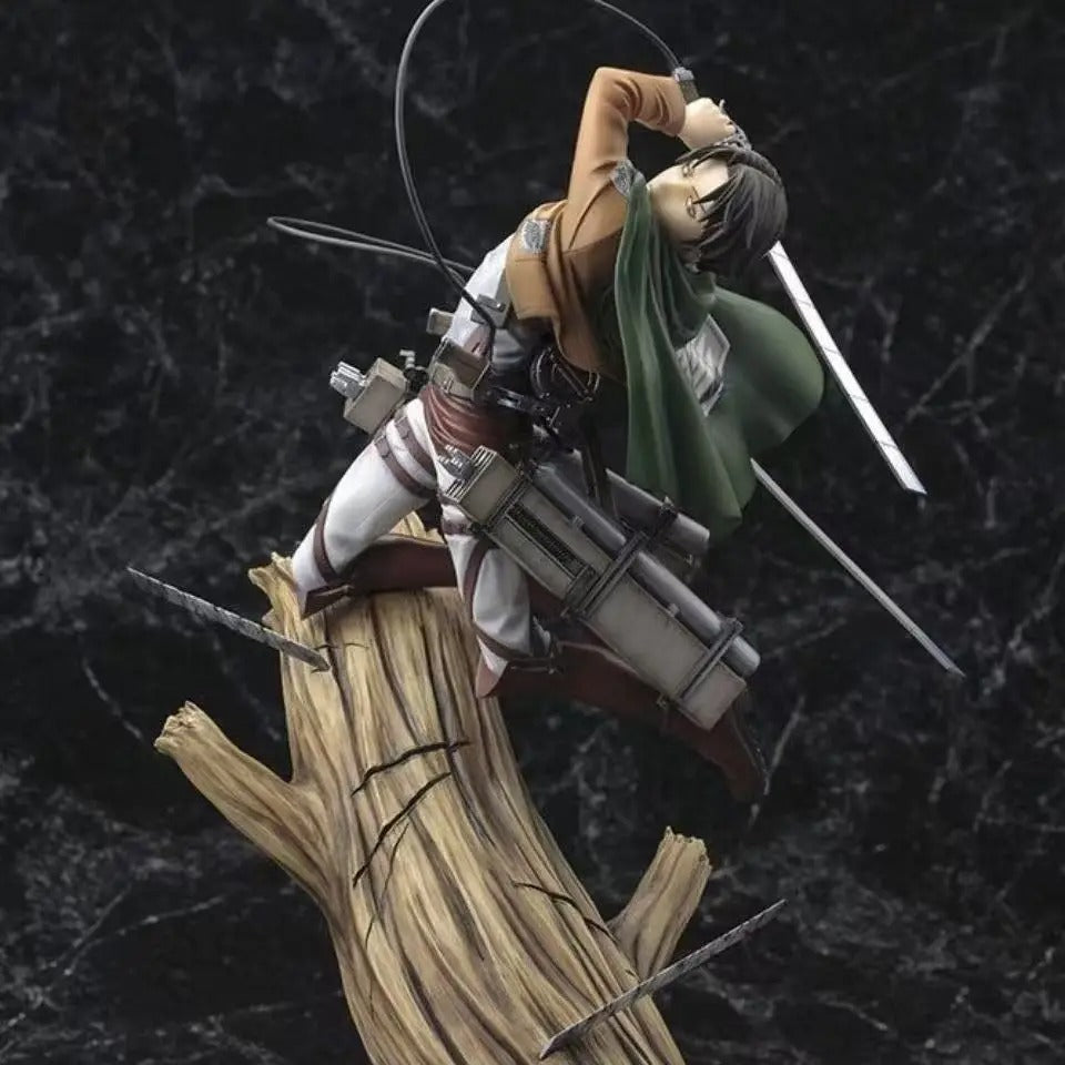 Figurine of a character with weapons on a dark textured background Attack on Titan: Captain Levi Ackerman (ArtFX J Renewal Package Ver.) 1/8 Scale Premium Statue by Kotobukiya