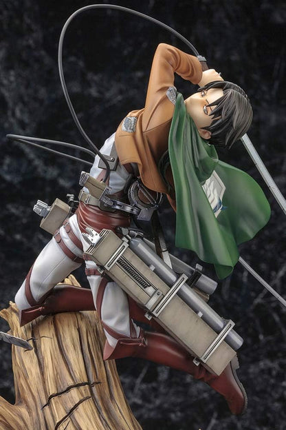Statue of a character with a bow and green cape against a dark background Attack on Titan: Captain Levi Ackerman (ArtFX J Renewal Package Ver.) 1/8 Scale Premium Statue by Kotobukiya