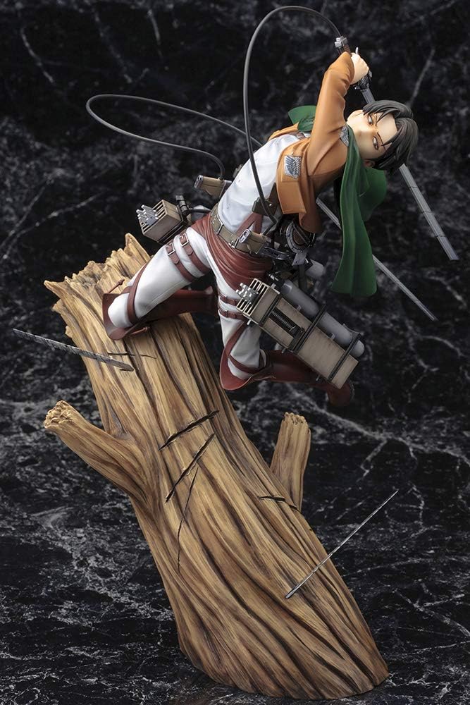 Figurine of a character in a dynamic pose on a wooden stump against a dark background Attack on Titan: Captain Levi Ackerman (ArtFX J Renewal Package Ver.) 1/8 Scale Premium Statue by Kotobukiya 