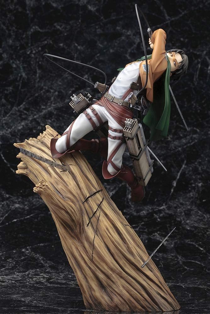 Figurine of a warrior on a log against a dark textured background Attack on Titan: Captain Levi Ackerman (ArtFX J Renewal Package Ver.) 1/8 Scale Premium Statue by Kotobukiya