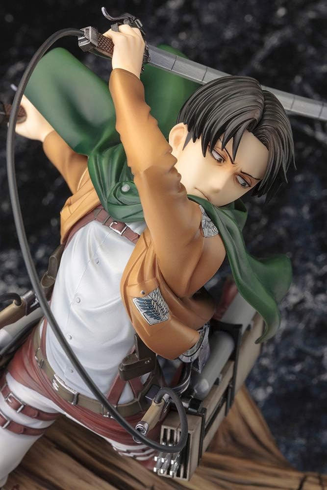 Figurine of a character from an anime or manga series, holding a weapon against a dark background. Attack on Titan: Captain Levi Ackerman (ArtFX J Renewal Package Ver.) 1/8 Scale Premium Statue by Kotobukiya