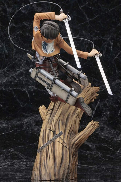 Statue of a character with weapons on a wooden base against a dark textured background Attack on Titan: Captain Levi Ackerman (ArtFX J Renewal Package Ver.) 1/8 Scale Premium Statue by Kotobukiya
