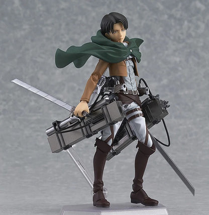 Action figure with a large weapon on a gray background Attack on Titan: Captain Levi Ackerman (Figma No.213) Highly Poseable Premium Action Figure by Max Factory