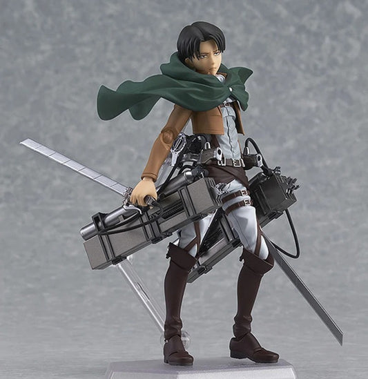 Action figure with a large weapon on a gray background Attack on Titan: Captain Levi Ackerman (Figma No.213) Highly Poseable Premium Action Figure by Max Factory