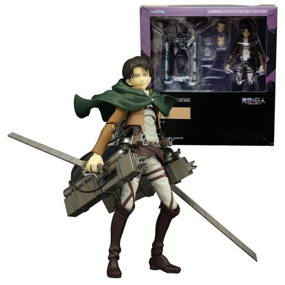 Action figure of a character from an anime with packaging in the background Attack on Titan: Captain Levi Ackerman (Figma No.213) Highly Poseable Premium Action Figure by Max Factory