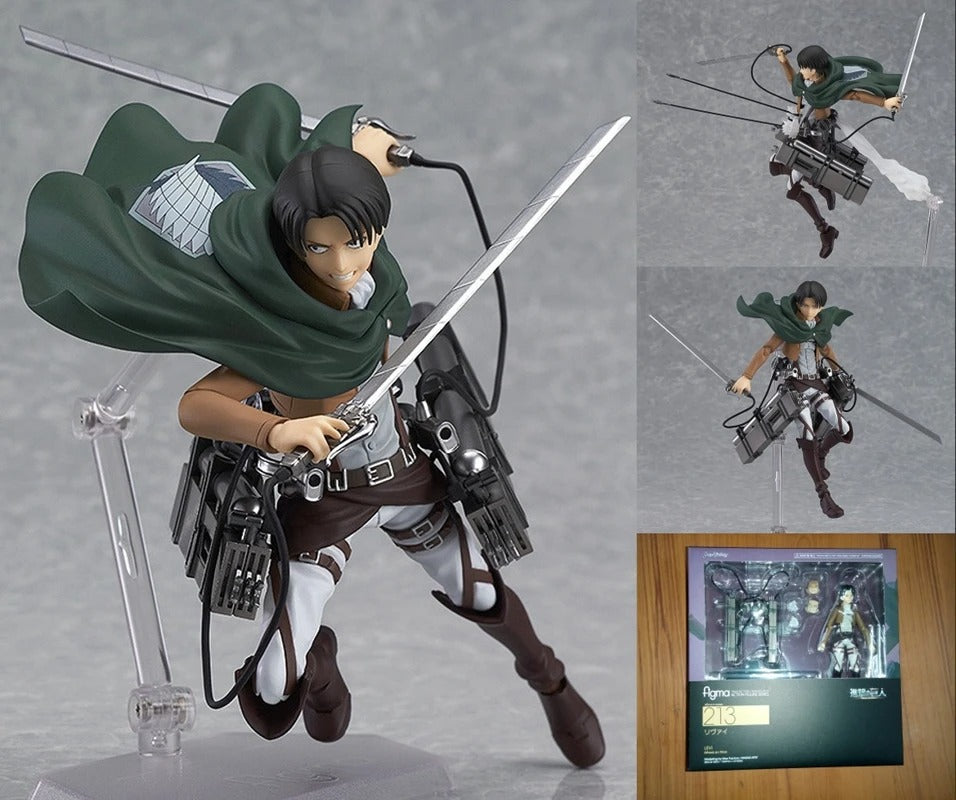 Action figure with a sword and cape, displayed on a gray background with additional views and packaging. Attack on Titan: Captain Levi Ackerman (Figma No.213) Highly Poseable Premium Action Figure by Max Factory