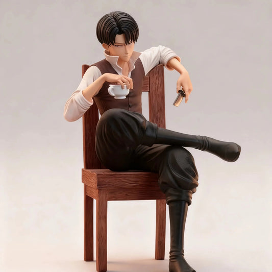 Figure of a person sitting on a chair holding a cup and a book, with a plain background Attack on Titan: Captain Levi Ackerman (Side Story Series No.1 - Tea Time) 19cm Premium Resin Statue by TITAN Studio