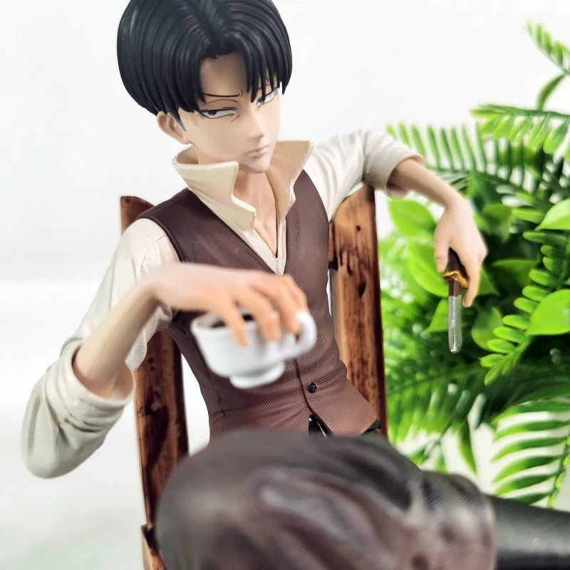 Anime character figurine holding a cup with a blurred background Attack on Titan: Captain Levi Ackerman (Side Story Series No.1 - Tea Time) 19cm Premium Resin Statue by TITAN Studio