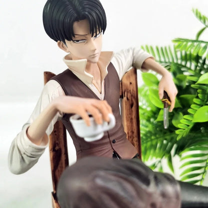 Anime character figurine holding a cup with a blurred background Attack on Titan: Captain Levi Ackerman (Side Story Series No.1 - Tea Time) 19cm Premium Resin Statue by TITAN Studio