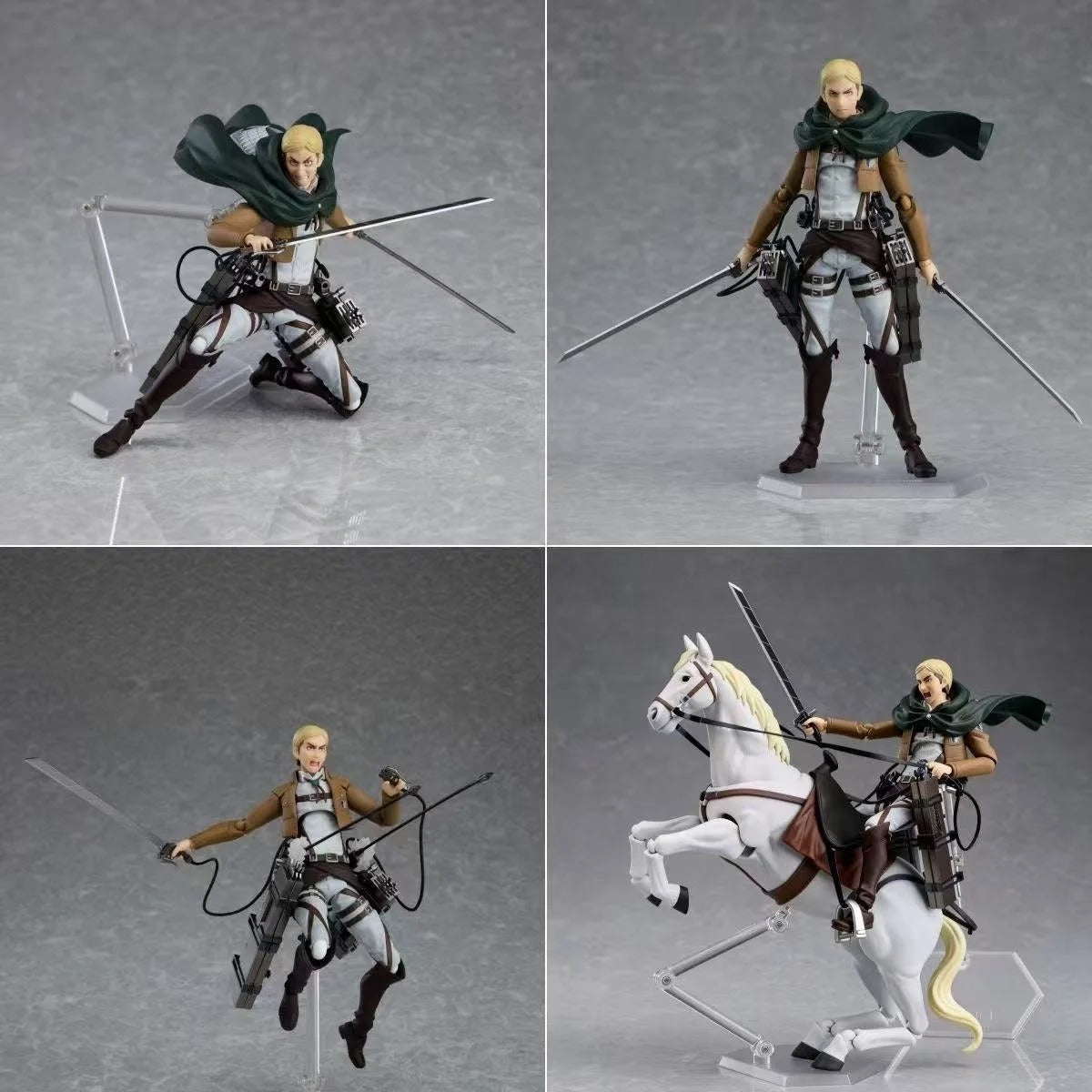 Four action figure poses of a character with a sword on a gray background Attack on Titan: Commander Erwin Smith (Figma No.446) Highly Poseable Premium Action Figure by Max Factory