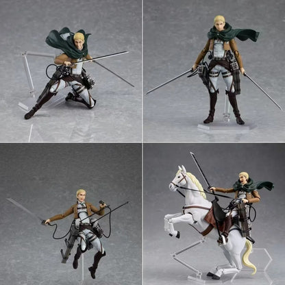 Four action figure poses of a character with a sword on a gray background Attack on Titan: Commander Erwin Smith (Figma No.446) Highly Poseable Premium Action Figure by Max Factory