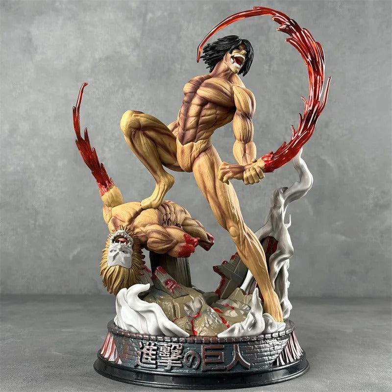 Statue of a muscular character with a red energy wave on a gray background Attack on Titan: Eren Yeager (Attack Titan Form) - The Defeat of the Jaw Titan 29cm Premium Diorama Statue