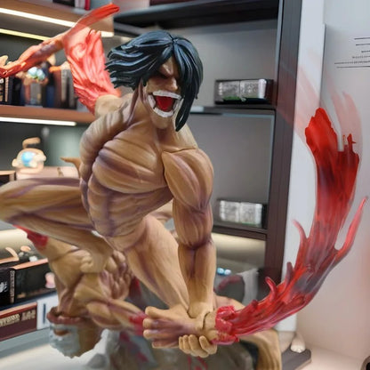 Action figure with red hair and muscular build in a dynamic pose, set against a blurred indoor background. Attack on Titan: Eren Yeager (Attack Titan Form) - The Defeat of the Jaw Titan 29cm Premium Diorama Statue