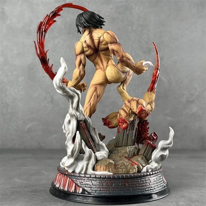 Statue of a muscular character with red hair and white flames on a gray background Attack on Titan: Eren Yeager (Attack Titan Form) - The Defeat of the Jaw Titan 29cm Premium Diorama Statue