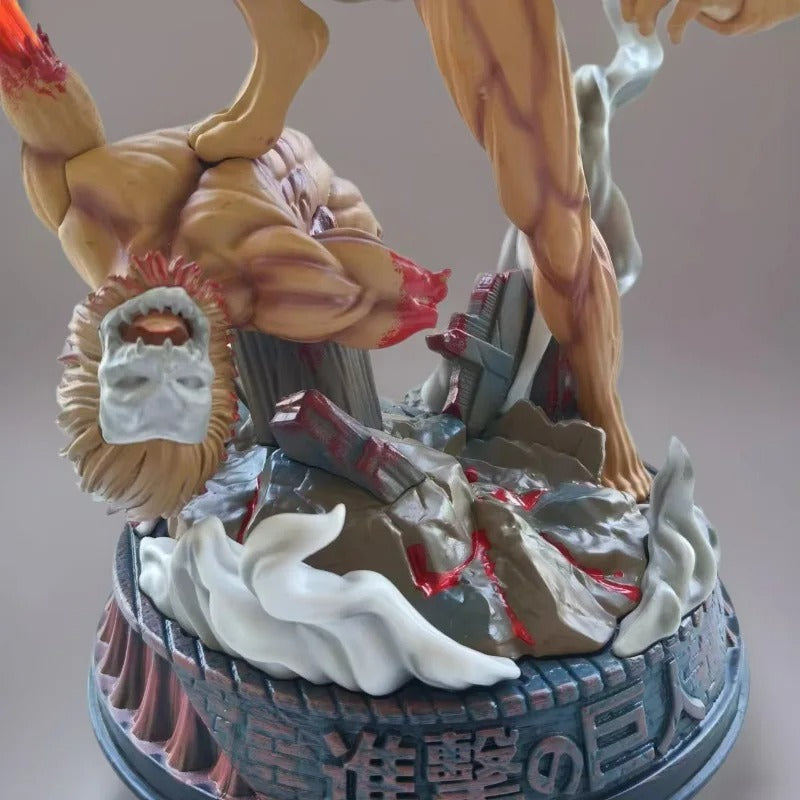 Detailed figurine with a large creature on top, set against a neutral background Attack on Titan: Eren Yeager (Attack Titan Form) - The Defeat of the Jaw Titan 29cm Premium Diorama Statue 