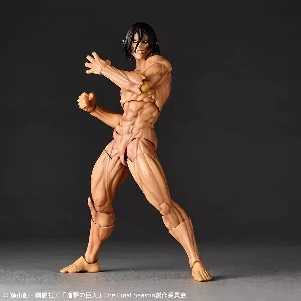 Muscular action figure in a dynamic pose on a dark background Attack on Titan: Eren Yeager (Attack Titan Form) Amazing Yamaguchi No.041 Revoltech Action Figure by Kaiyodo
