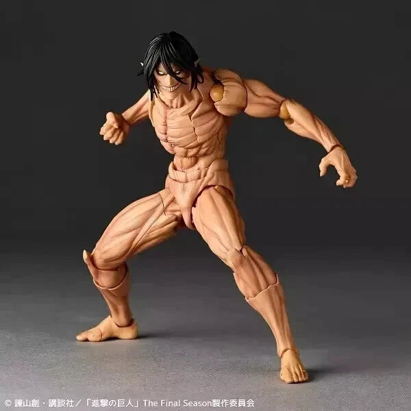 Action figure of a muscular character in a dynamic pose on a dark background Attack on Titan: Eren Yeager (Attack Titan Form) Amazing Yamaguchi No.041 Revoltech Action Figure by Kaiyodo