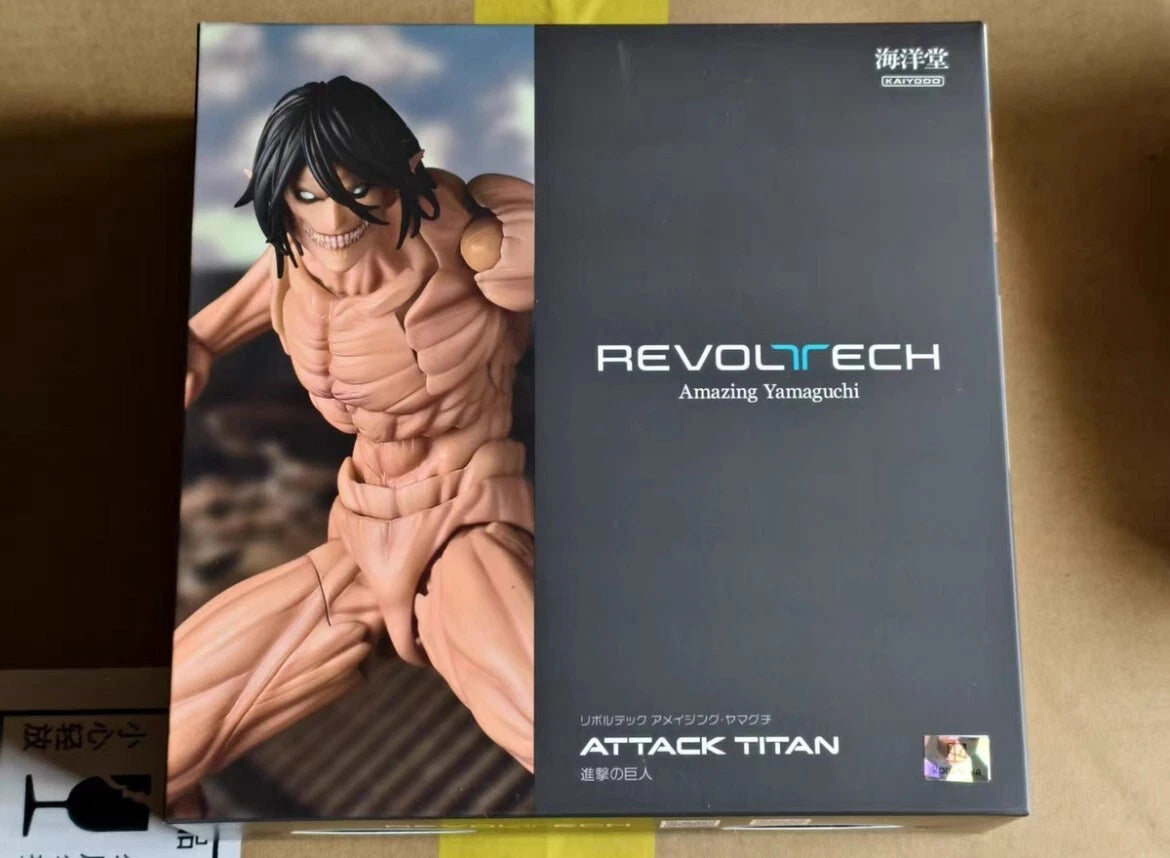 Revoltech figure packaging with character illustration and branding on a cardboard surface Attack on Titan: Eren Yeager (Attack Titan Form) Amazing Yamaguchi No.041 Revoltech Action Figure by Kaiyodo