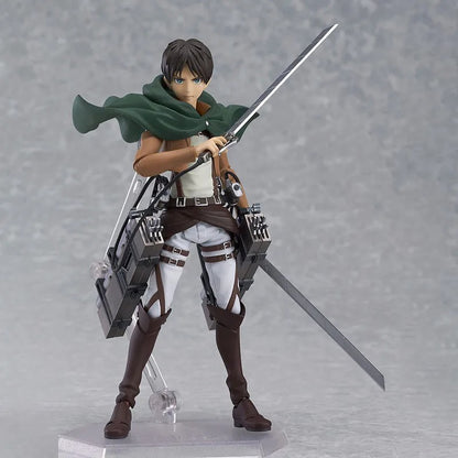 Action figure of a character from a popular anime series on a gray background Attack on Titan: Eren Yeager (Figma No.207) Highly Poseable Premium Action Figure by Max Factory