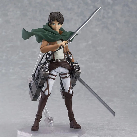 Action figure of a character from a popular anime series on a gray background Attack on Titan: Eren Yeager (Figma No.207) Highly Poseable Premium Action Figure by Max Factory