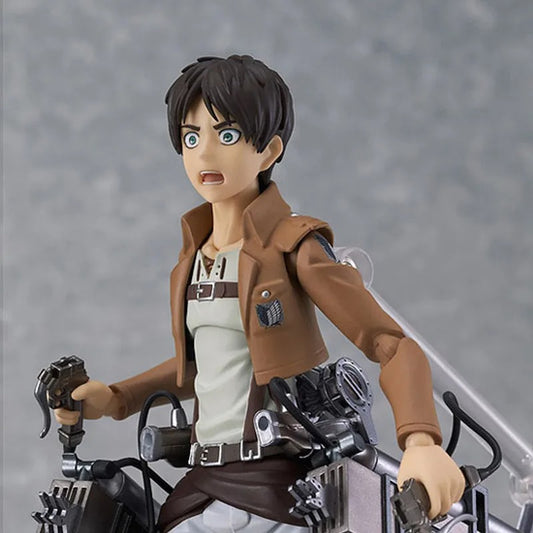 Action figure of a character from an anime series on a motorcycle with a gray background Attack on Titan: Eren Yeager (Figma No.207) Highly Poseable Premium Action Figure by Max Factory