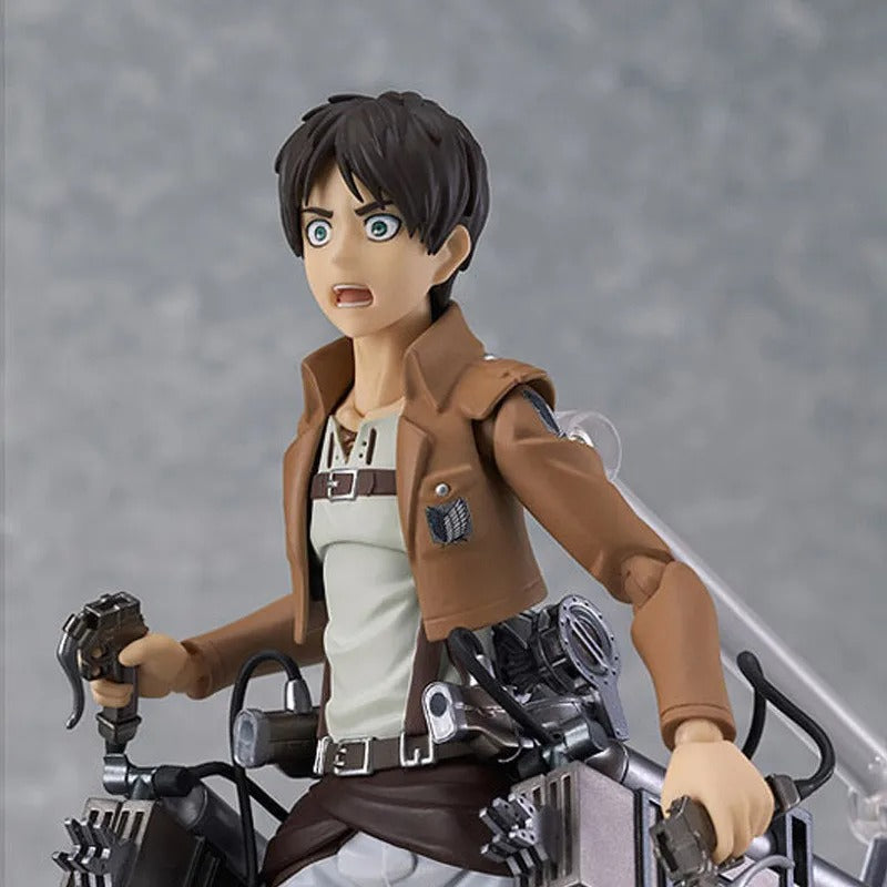 Action figure of a character from an anime series on a motorcycle with a gray background Attack on Titan: Eren Yeager (Figma No.207) Highly Poseable Premium Action Figure by Max Factory