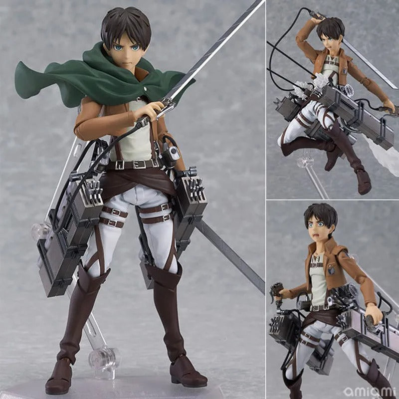 Action figure with detailed accessories on a gray background Attack on Titan: Eren Yeager (Figma No.207) Highly Poseable Premium Action Figure by Max Factory