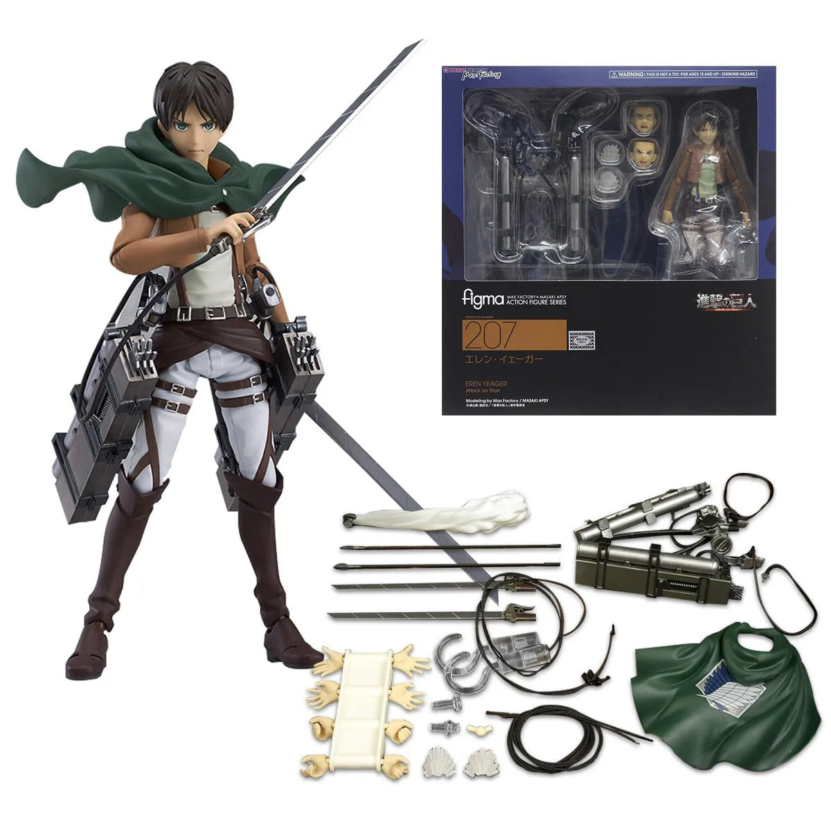 Action figure with accessories and packaging on a white background Attack on Titan: Eren Yeager (Figma No.207) Highly Poseable Premium Action Figure by Max Factory