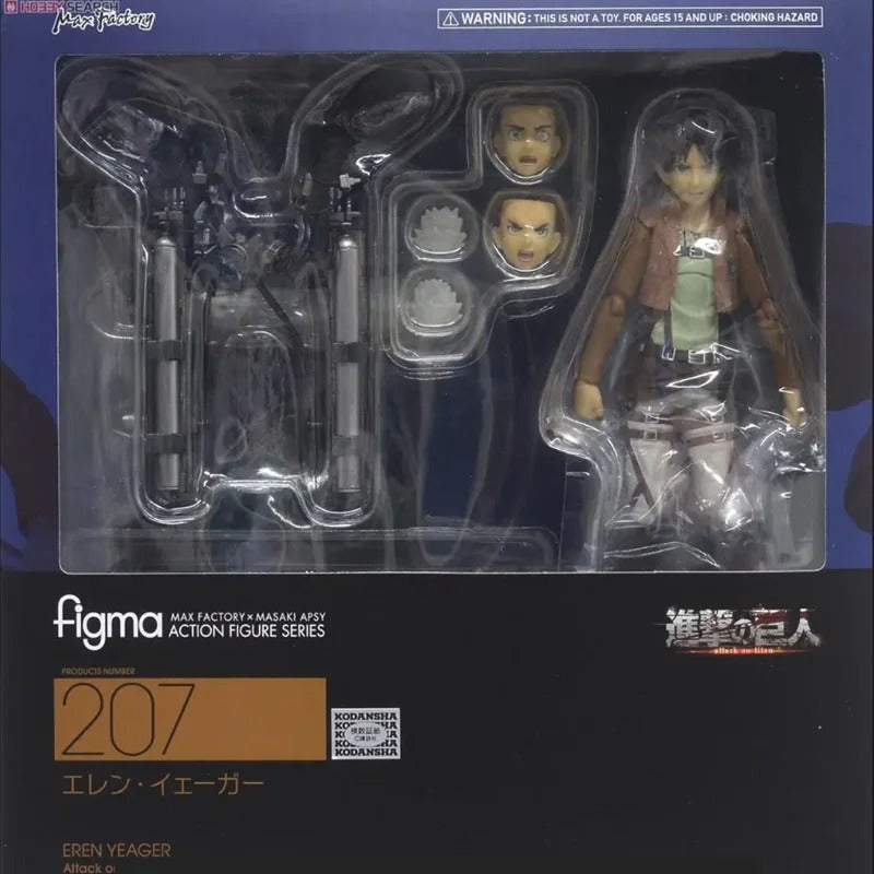 Action figure packaging with clear plastic window showing figure and accessories, featuring figma branding. Attack on Titan: Eren Yeager (Figma No.207) Highly Poseable Premium Action Figure by Max Factory