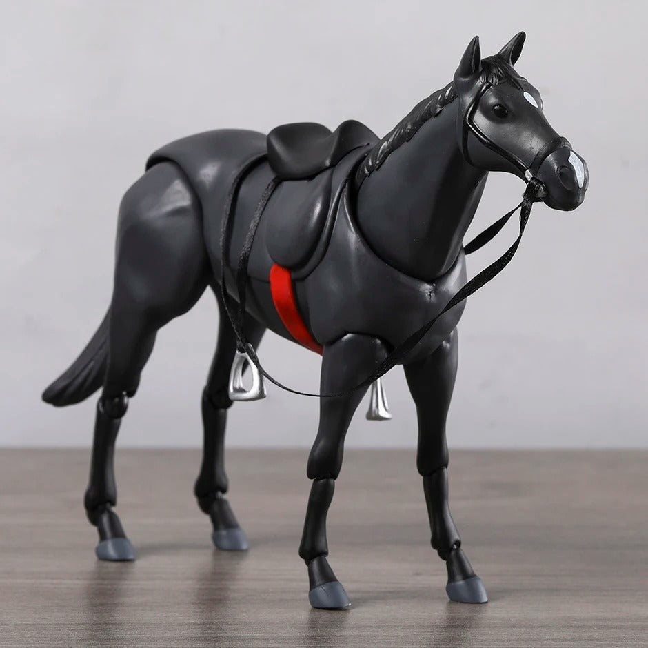 Black horse figurine with a red blanket and saddle on a wooden floor. Attack on Titan / Figma Vehicles: Horse (Version 2.0) Figma No.490 Premium Action Toy Figure (White, Black & Complete Set Options)